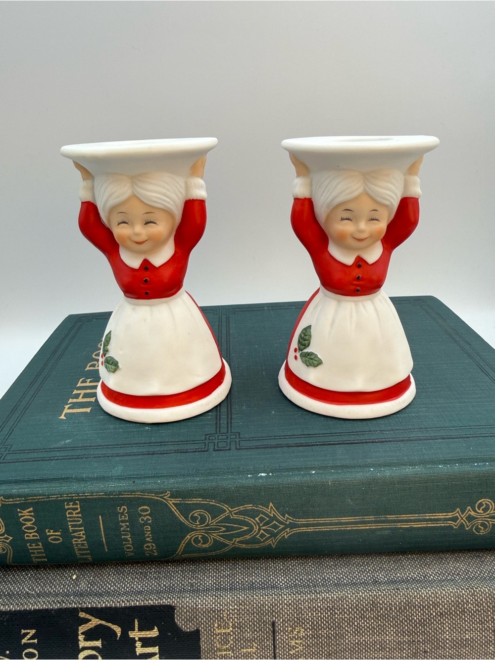 Vintage MCM Mrs. Santa Claus Porcelain Candlestick Holders